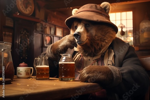 Funny cute bear drinks beer in British pub