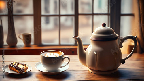 Um bule e uma xícara de louça com café sobre a mesa. Uma mesa de café da manhã ao lado de uma janela grande de vidro em um bistrô. 