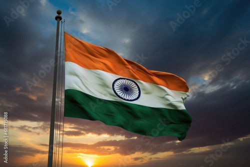 India flag waving in the wind against colorful sunset sky with sun rays, Tricolor Indian Flag during Sunset and beautiful sky, AI Generated