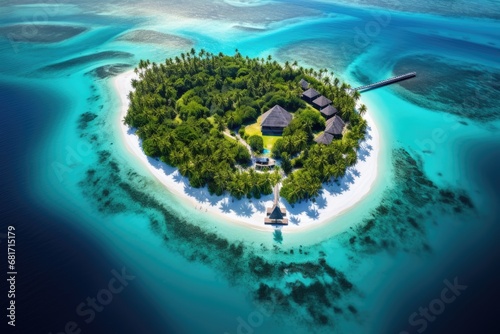 Tropical island in the Maldives. 3d render, Tropical island in Indian ocean Maldives, aerial view, AI Generated