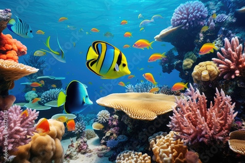 Tropical fish and coral reef in the Red Sea. Egypt, Underwater view of coral reef with fishes and a yellow butterflyfish, AI Generated
