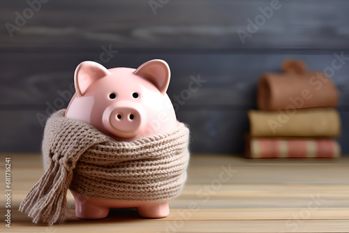 Piggy bank wrapped with a scarf, energy saving concept