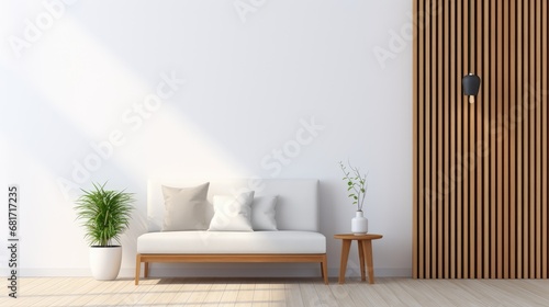 an image featuring narrow wooden slats on a white plastered wall, creating a stylish element of contemporary decor.