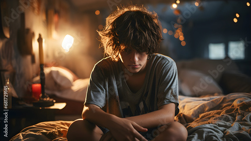 Teenager sitting on his bed in his room crestfallen, sad and depressed because he suffers bulling, bullying and feels alone.