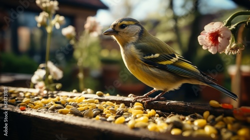 A bird feeding from a feeder in a village setting