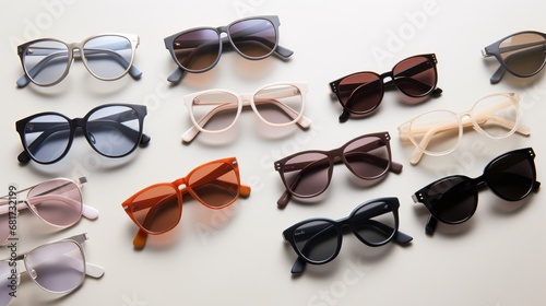 An overhead shot of a flat lay featuring a variety of sleek and modern sunglasses