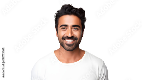 portrait of an attractive indian male in his 30s with a beard smile and looking into the camera isolated against a white background