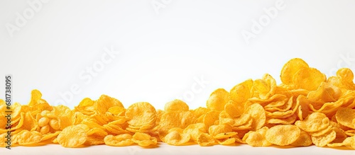 isolated background, a heap of white, yellow and crisp corn flakes sit in a pile, their crimp edges making them appear even more crispy and inviting as a delightful breakfast food object.