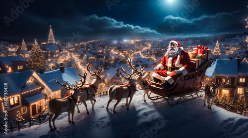 Santa Claus with the traditional sleigh pulled by reindeer parked on a snowy hill