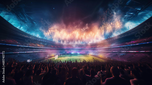View inside soccer stadium with Fans on stadium game and audiences people celebration with sportlight colorful lighting background
