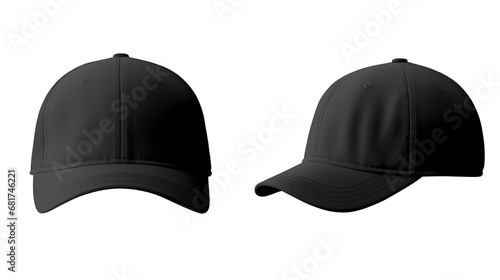 Set of black front and side view hat baseball cap on transparent background cutout, PNG file. Mockup template for artwork graphic design