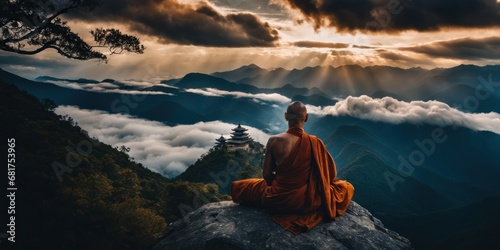 Buddhist monk master is meditating at the top of the cliff at dusk for the new year. Buddhist monk sitting in nirvana on top of mountain above clouds early morning