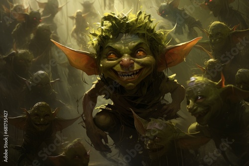 Monstrous Goblin orc angry. Green monster. Generate Ai