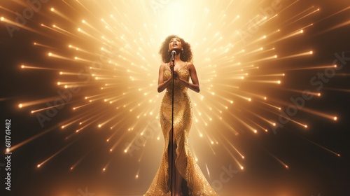 Stunning African American Singer Dazzles in Gold Sequined Dress on Stage