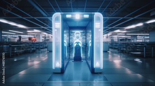 Empty airport checkpoint with passenger scanners and baggage control for travel security
