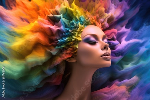 Beautiful girl with bright colored smoke instead of hair