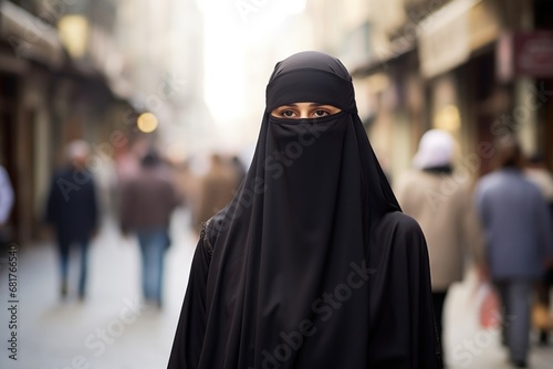 Middle eastern muslim woman wearing a niqab walking in a middle eastern city street