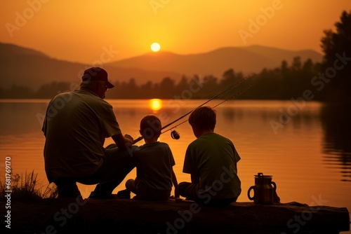 Tranquil Grandfather grandson fishing sunset. Lake nature. Generate Ai