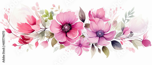 Fondo floral de acuarela en tonos purpuras y rosas, sobre fondo blanco