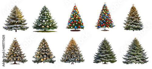Collection of decorated Christmas tree isolated on transparent background.