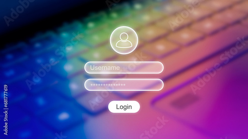 Login UI (User Interface) on top of a laptop keyboard background, technology concept for cyber security and data protection, user authentication and access in digital platforms, username and password 