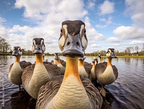 Close up portrait of a goose. Detailed image of the muzzle. A flock of wild geese swimming in a body of water. Illustration with distorted fisheye effect. Design for cover, card, decor, etc.