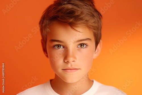 Portrait of a boy on a orange background. Close-up.