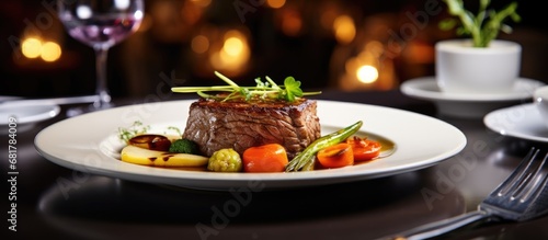 elegant white restaurant, the expert chef prepared a healthy and colorful gourmet meal, featuring red meat, vibrant vegetables, and a delicious plate of soup, showcasing their impeccable cooking
