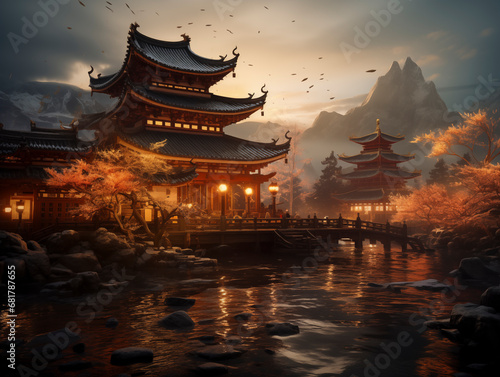 Traditional Chinese temple illuminated by a golden sunset