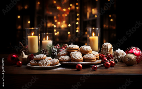 światła i dekoracje bożonarodzeniowe, pierniki lukrowane na ozdobionym stole