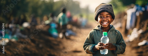 Close-up African little boy poor tramp rejoices holding a bottle of clear drinking water. Disadvantaged rural area in Africa on the background. Panorama with copy space.