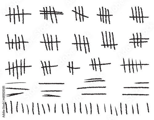 A set of strokes, a count of marks is counted. Chalk on a white background sticks the line counter on the wall. Vector hashes icons for prisons or desert islands, countdown, waiting. 