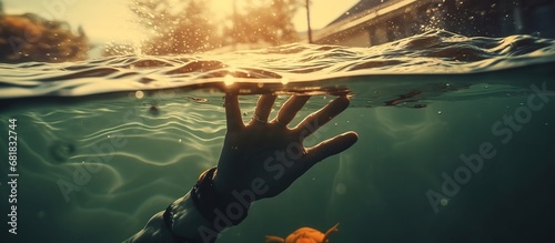 Closeup of human hand drowning in lake at sunset view. AI generated image