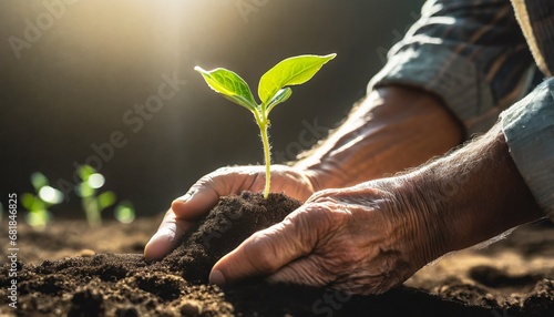 Farmer hands planting seedlings in vegetable garden. Gardening in spring. Homemade products in organic farming. Sustainable and environment protection concept. 