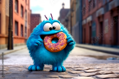 Funny baby monster with donut. Cute blue chubby character eating Glazed donut. National Donut Day or Fat Thursday. Template for cover, menu, signboard, bakery, advertising