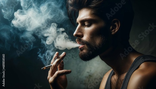 Man inhaling cannabis smoke - smoking a marijuana weed joint