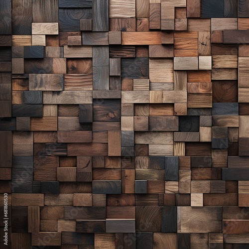 Close-up of a wall with a patchwork of different wood types, showing varied grains