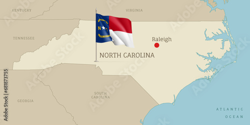 Map of North Carolina USA federal state with waving flag. Highly detailed editable map of North Carolina state with territory borders, neighboring states and Raleigh capital city vector illustration