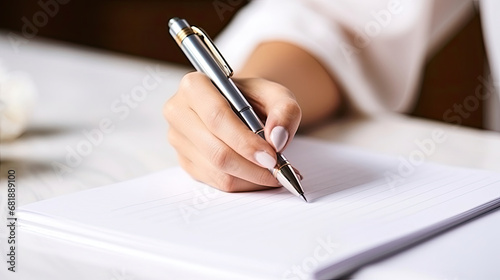 female hand holding pen to sign important business signature agreement on white agreement paper created with Generative AI Technology