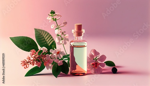 cosmetic essential oil bottle fresh green plant leaves flowers sunlight pastel pink background natural cosmetics aromatherapy treatment copy space alternative dermatology cosmetology remedy aroma