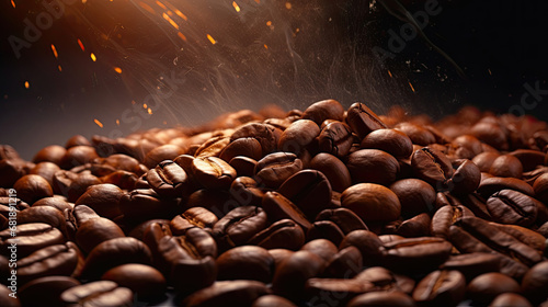 close up detail of roasted coffee beans with beautiful golden light created with Generative AI Technology
