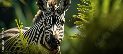 In the African jungle, a black and majestic animal with bold stripes roams freely, its portrait captured in a mesmerizing photo, showcasing the natural beauty of wildlife in its purest form. Whether