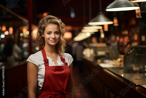 a smiling young and attractive saleswoman
