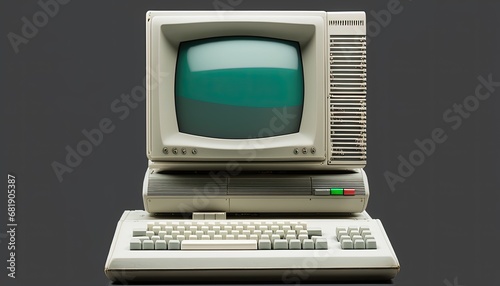 Vintage retro classic desktop computer isolated pc monitor keyboard white background cut-out front view design 80s technology electronic personal screen antique computing communication hardware