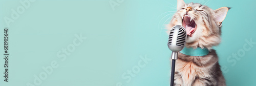 Happy cat singing into a microphone