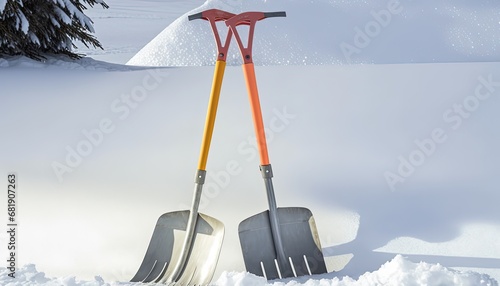 Two snowshovels shovel work garden equipment winter snow shoveling spade yellow weather snowfall cold caretaker 2 removal white tool jan vertical cleanup plastic gardening season small big