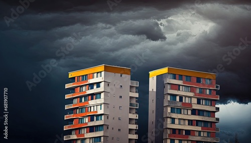 Two colorful residential buildings stormy dark blue sky Abstract looking high contrast picture copy space top architecture building storm colourful modern balcony symmetry symmetric outdoors 2