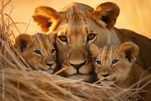 Serene Lioness her cubs sunset. Baby cat. Generate Ai