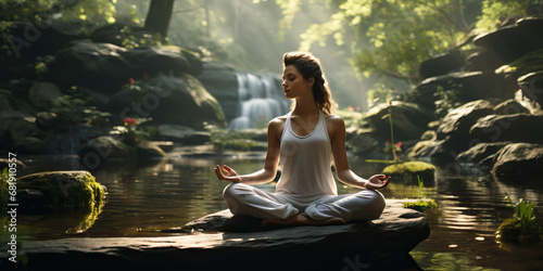 Woman meditating in yoga pose in creek bed nature. Concept of Nature mindfulness, inner peace, yoga in natural settings, connecting with nature.
