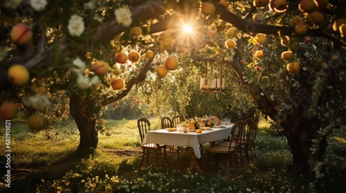 Embark on a sensory journey through an enchanting orchard during the magical hours of midday Picture the orchard bathed in golden sunlight, with the leaves 